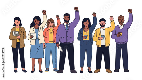 United Force: A diverse group of people raise their fists in solidarity. Depicting a symbol of unity, strength, and empowerment in a colorful illustration.