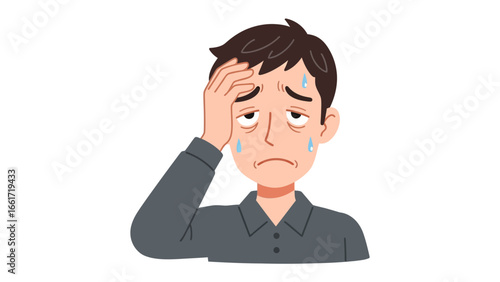 Exhausted Man: A person, captured in a vibrant illustration, embodies fatigue and stress with a hand on the forehead, conveying the weight of emotional and physical exhaustion. 