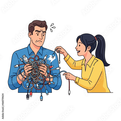 Overwhelmed and Undone: A man, bewildered by a tangled mass of wires, faces a woman offering a helping hand, symbolizing chaos and solutions.