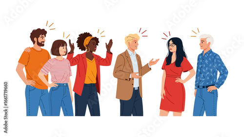 Conflict Resolution: A stylized portrayal of a diverse group engaged in a heated discussion, highlighting interpersonal dynamics and the challenge of achieving resolution.