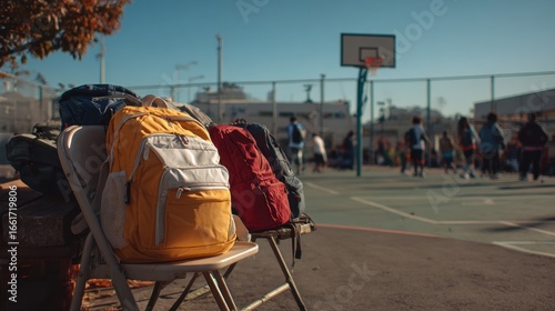 Backpacks resting on chairs while students play basketball outdoors