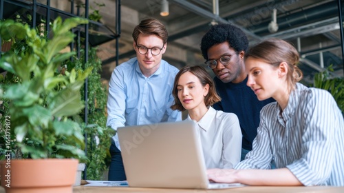 Wallpaper Mural Group of four diverse colleagues collaborating on a laptop in a modern office with greenery Torontodigital.ca