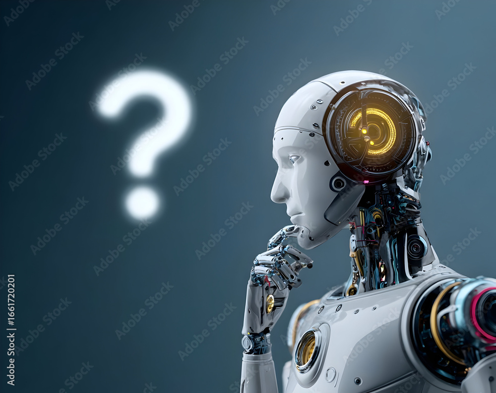 Fototapeta premium A futuristic robot pondering a question, symbolizing artificial intelligence and curiosity in technology, capturing the essence of exploration and innovation.