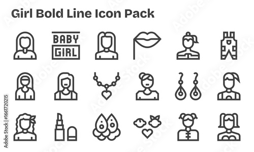 Girl Icon Set - 18 Bold Line Graphics
