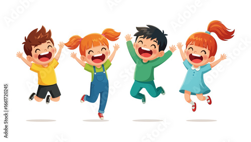Joyful Leap: Animated children jump for joy, with bright smiles and raised hands, expressing pure happiness and boundless energy on isolated image.