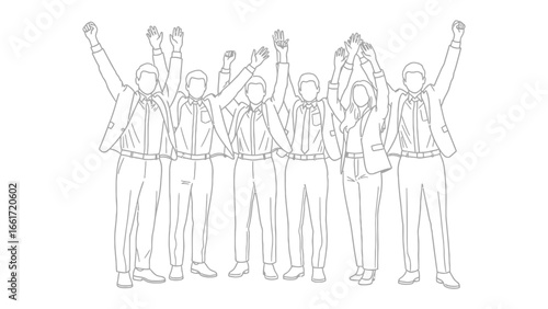 Sketchy Triumph: An outline of a group raising their hands in a gesture of elation