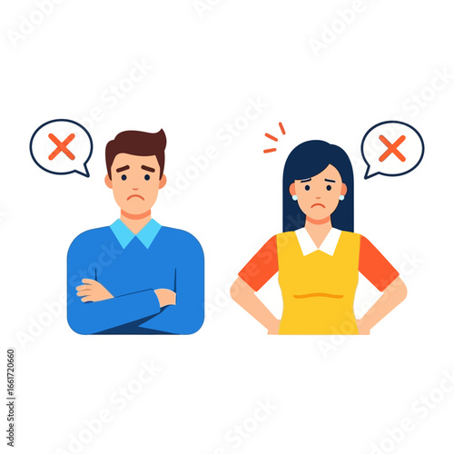 Negative Interaction: A visual narrative of conflict unfolds between two individuals, each expressing disagreement, captured in a concise illustration