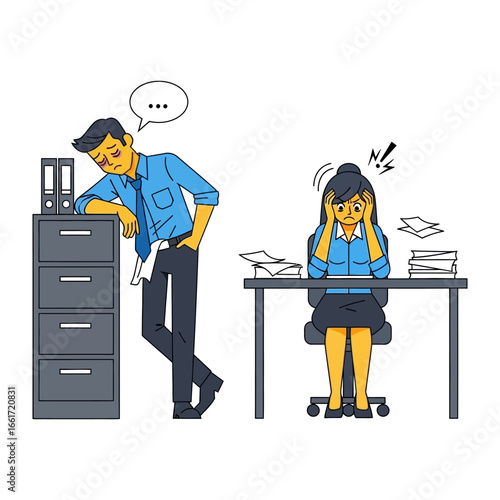 Work Stress: A graphic illustrates two individuals: a man leaning wearily against a filing cabinet, and a woman experiencing stress at her desk.