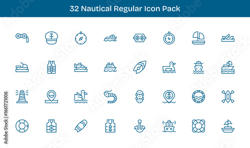 Nautical - 32 Regular Line Vector Illustrations