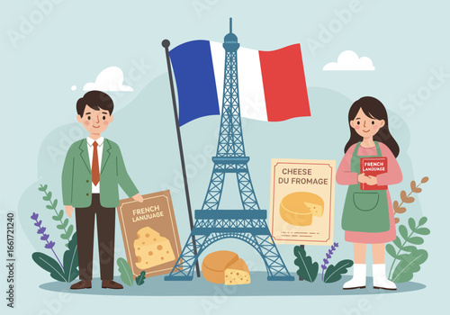 Vector illustration of a couple visiting Paris, France