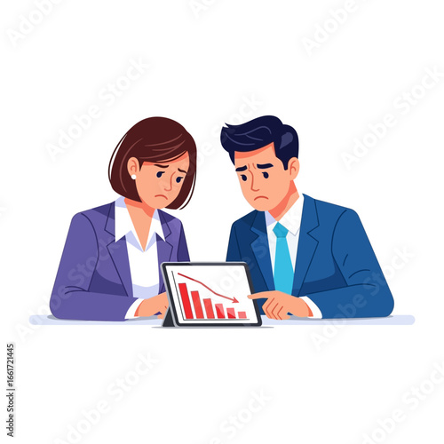Economic Downturn Concern: Two business professionals wear worried expressions as they review a downward-trending graph, a stark visual representation of economic struggles and financial losses.