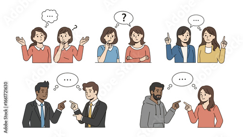 Communication: Illustration of pairs engaging in diverse dialogues, depicted with thought bubbles that showcase conversation, conveying messages and discussions. 