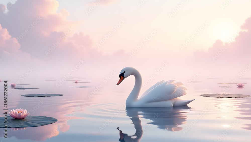 Fototapeta premium Swan Floating on a Calm Lake with Lily Pads