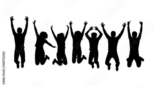 Silhouette Celebrates: A dynamic group of diverse individuals joyfully leap into the air, their silhouettes against a bright background, embodying the exhilaration of pure freedom.