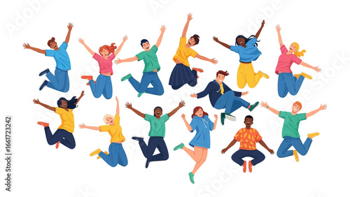 Ecstatic Leap: A vibrant illustration captures a diverse group of individuals, mid-air, in a celebration of pure joy, symbolizing unity, happiness, and freedom in a dynamically illustrated scene.