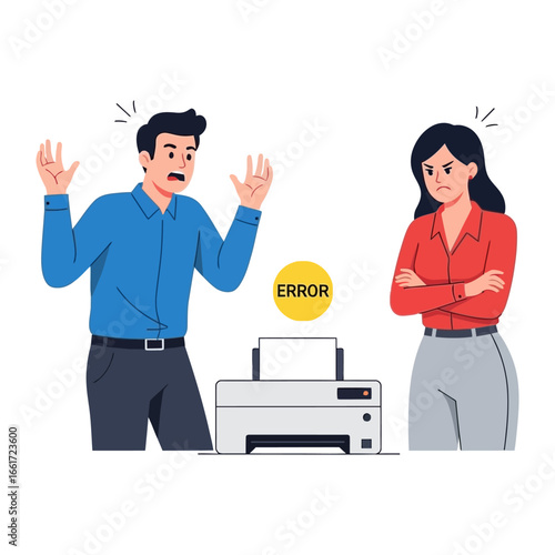Printing Predicament: Two individuals grapple with the frustration of a printer error, a symbol of unexpected setbacks in a typical office setting.