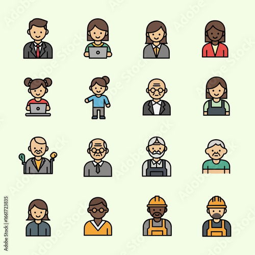 Collection of diverse cartoon-style portraits of people of different ages and professions.