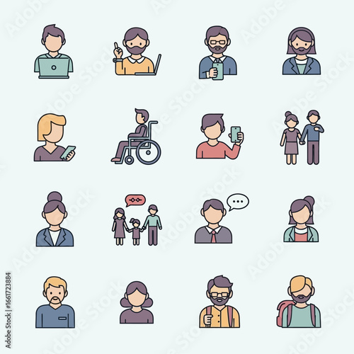 Diverse collection of colorful illustrated people icons, showcasing various professions, family, and disabilities.