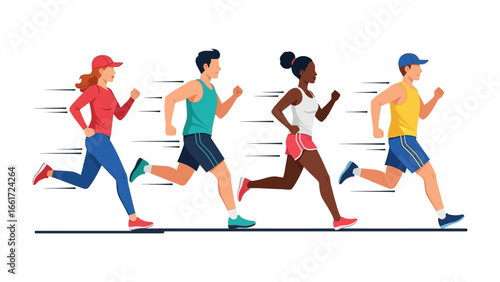 Dynamic Run: A group of athletic figures sprint forward with speed and determination, embodying the spirit of competition and physical activity, emphasizing health and fitness.