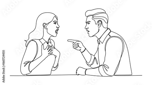 Emotional confrontation: A black and white line art drawing depicts a heated argument, capturing raw emotion and tension between two individuals.