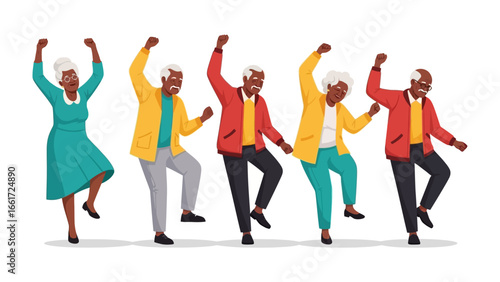 Energetic Elderly Dancing: Vibrant depiction of five happy senior individuals in colorful attire joyfully dancing. Capturing a sense of vitality, fun and life celebration