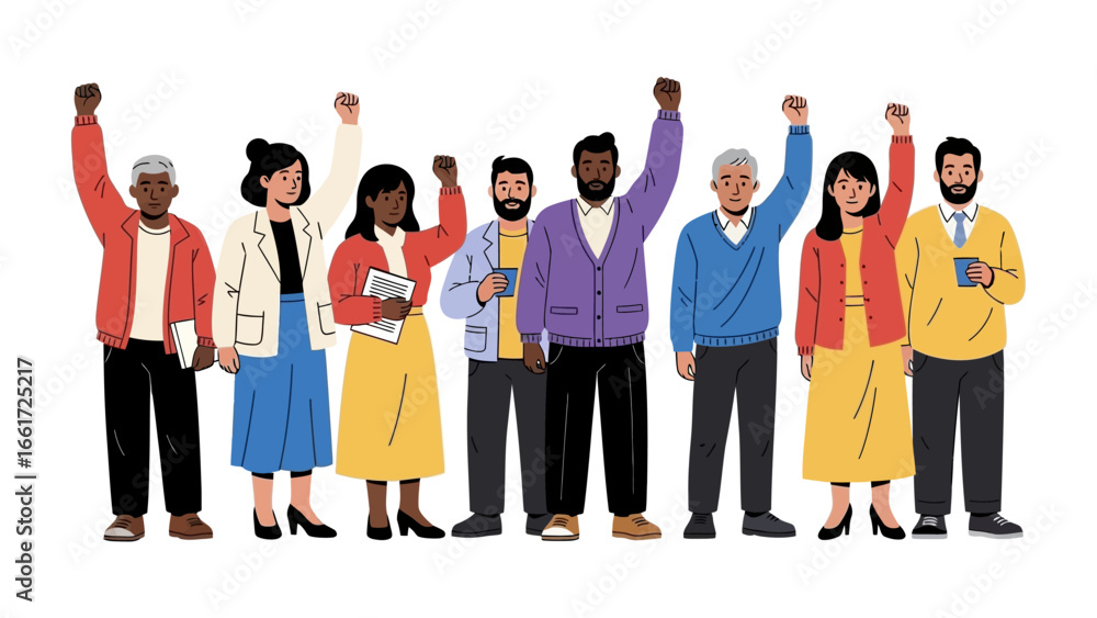 Fototapeta premium Unity in Empowerment: A diverse group of individuals raises their fists in a vibrant display of solidarity and strength, symbolizing unity and the power of collective action in achieving common goals.