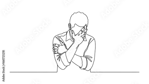 Overwhelmed Man: A line art portrayal of a man, head in hands, a visual exploration of stress and concern, on a neutral background.