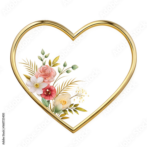 Elegant Gold Heart Frame with Pastel Floral Bouquet: Romantic, Wedding, Invitation Design