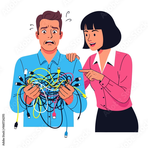 Digital Dilemma: An illustration of a bewildered person is tangled in a web of wires, while another person looks on with a mix of concern and guidance.