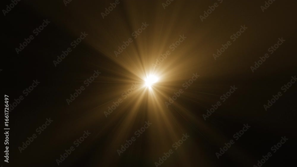 Gold Sun Volume Light from the Center of Frame in the Dark. Light in the End of Tunnel Concept. Light Comes On and Goes Off. Golden Rays on Black Background Overlay Screen Design Element Animation 4k.