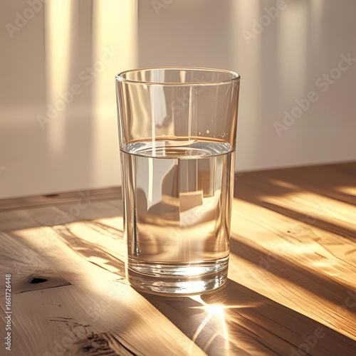 Clear glass of water on a sunlit wooden table, minimalistic and bright still life with natural light reflections and soft shadows