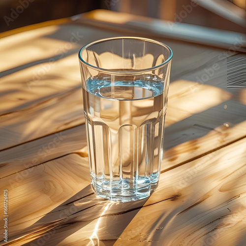 Clear glass of water on a sunlit wooden table, minimalistic and bright still life with natural light reflections and soft shadows
