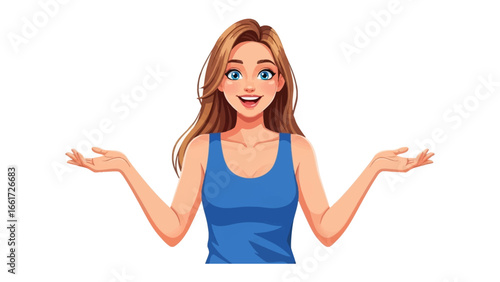Joyful Expression: A lively animated illustration depicts a cheerful woman expressing her joy and open gesture, radiating positivity and friendly enthusiasm.