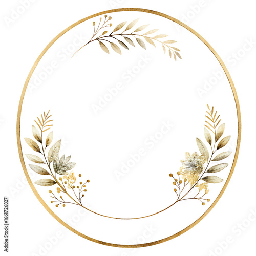 Elegant Gold Floral Wreath Frame: Watercolor Style,  Luxury Design,  Wedding Invitation Template.