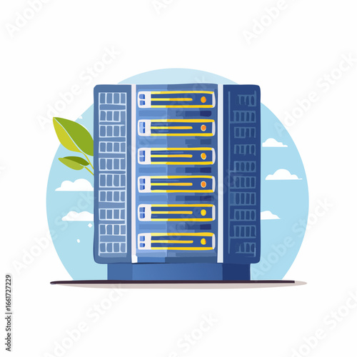 Modern server rack with plant and clouds symbolizing green technology