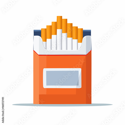 Open orange cigarette pack with visible tobacco sticks and filters. Flat design cartoon style illustration representing smoking.
