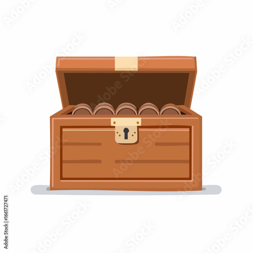Wooden treasure chest filled with gold coins, unlocked and ready to reveal pirate riches and wealth, antique treasure trove