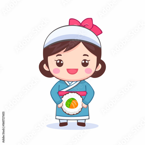 Cute chibi chef girl happily holding a sushi roll wearing a traditional blue uniform and hat