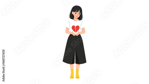 Girl With Broken Heart: A solitary young woman stands, tenderly holding her hands, her shirt bearing a fragmented heart, conveying a sense of sorrow, melancholy and resilience.