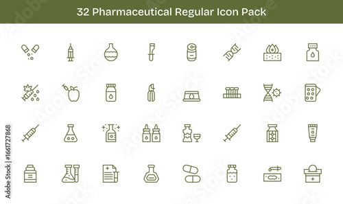 32 Icons for Pharmaceutical in Regular Line Format