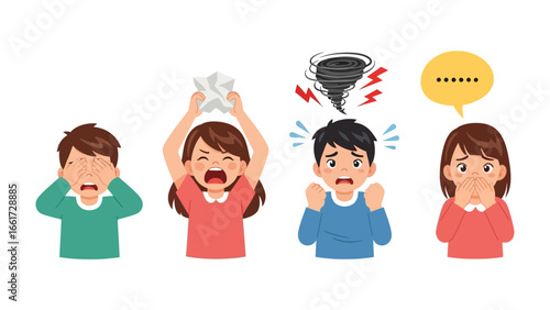 Emotional Turmoil: Four Individuals Displaying a Spectrum of Distress, representing stress, frustration, and unspoken communication.