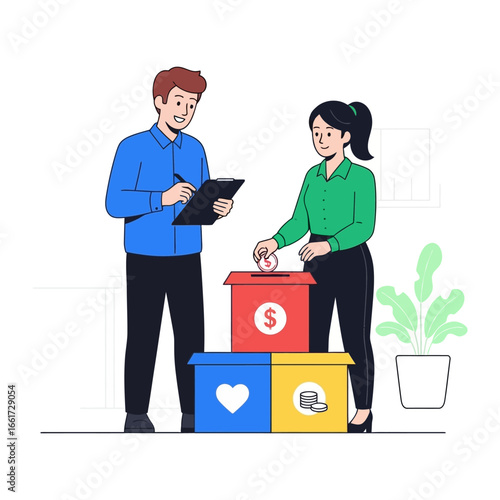 Giving for a Cause: Two individuals participating in a fundraising, demonstrating kindness, generosity, and a desire to contribute positively.