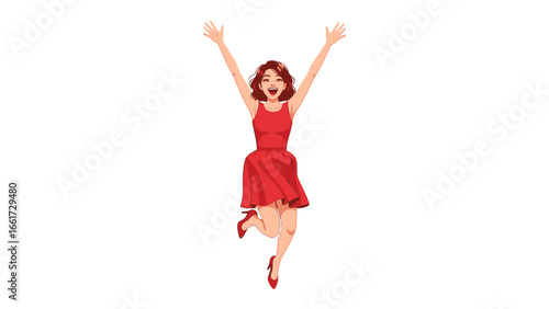 Joyful Leap: A vibrant illustration of a woman with arms outstretched in pure delight, capturing the essence of happiness and unbound enthusiasm.