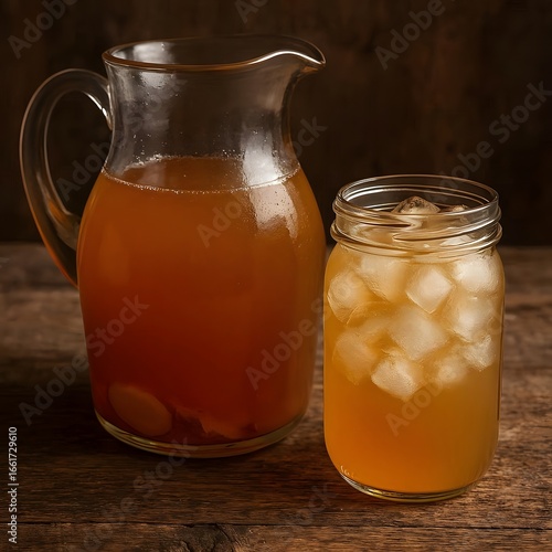 Refreshing iced tea served in a mason jar next to a jug filled with fresh iced tea.