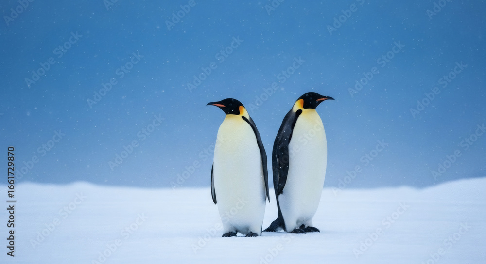 Fototapeta premium Two emperor penguins standing together in a snowy landscape, their distinct features and serene demeanor captivating viewers. The cold tones create a tranquil atmosphere. 