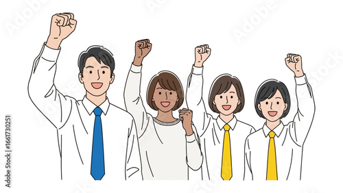 Unity and Victory: A diverse group, united in jubilant celebration, raises fists high in triumph, an ode to teamwork and shared accomplishment.