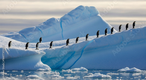 A captivating shot of penguins walking in a line across a beautiful iceberg, showcasing the serene beauty of the polar regions. The scene depicts a group of penguins.
