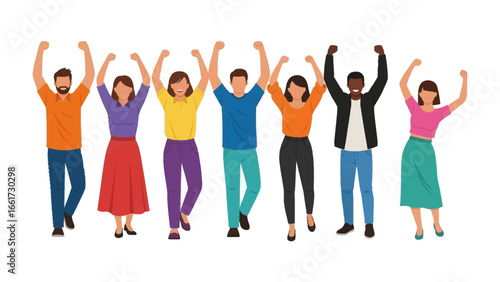 Joyful Diversity: A vibrant ensemble of people celebrates, arms raised high in a gesture of unified elation. Showcasing togetherness, joy, and a spectrum of diversity in unity and optimism. 