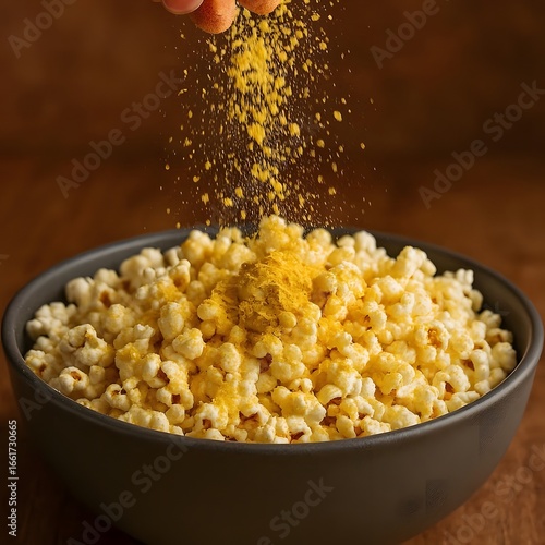 Popcorn Delight A Culinary Snapshot of Yellow Powder Being Sprinkled into a Bowl of Deliciousness