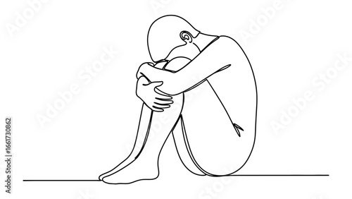 Emotional Solitude: A minimalist illustration portraying a person in the fetal position, encapsulating feelings of vulnerability, despair, and isolation. 